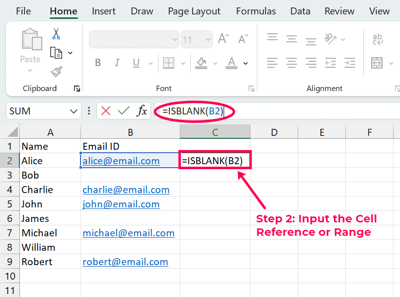 input reference cell range for isblank