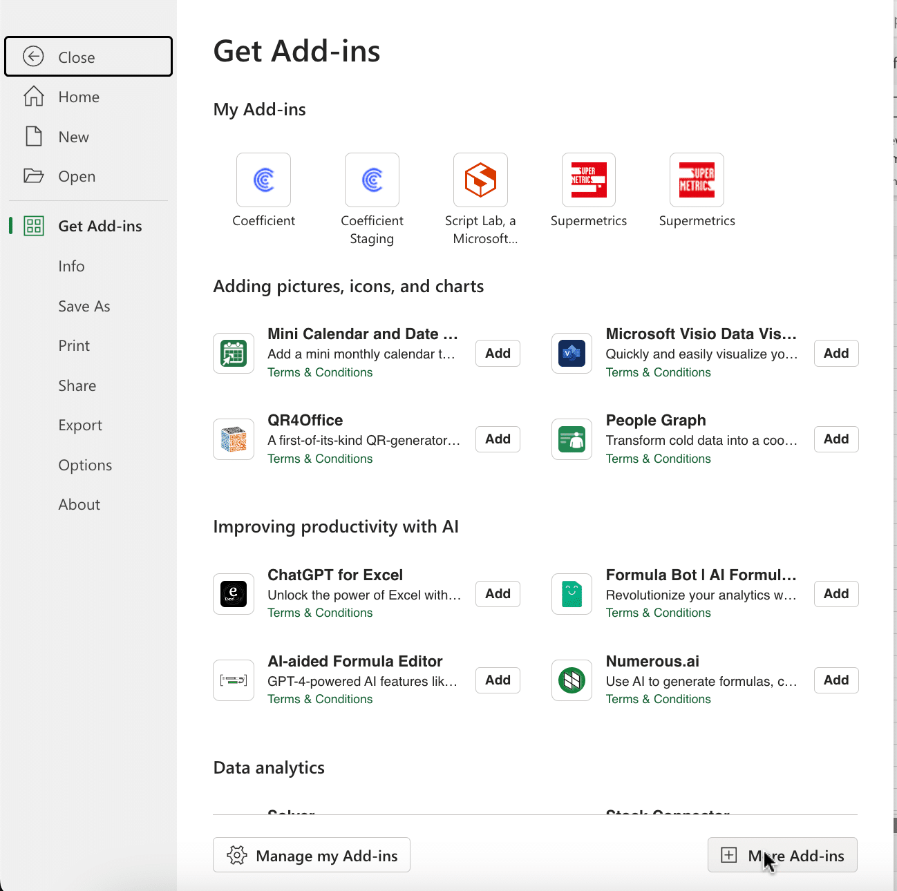 Navigating through the Excel menu to click 'File', followed by 'Get Add-ins' and selecting 'More Add-Ins'. 