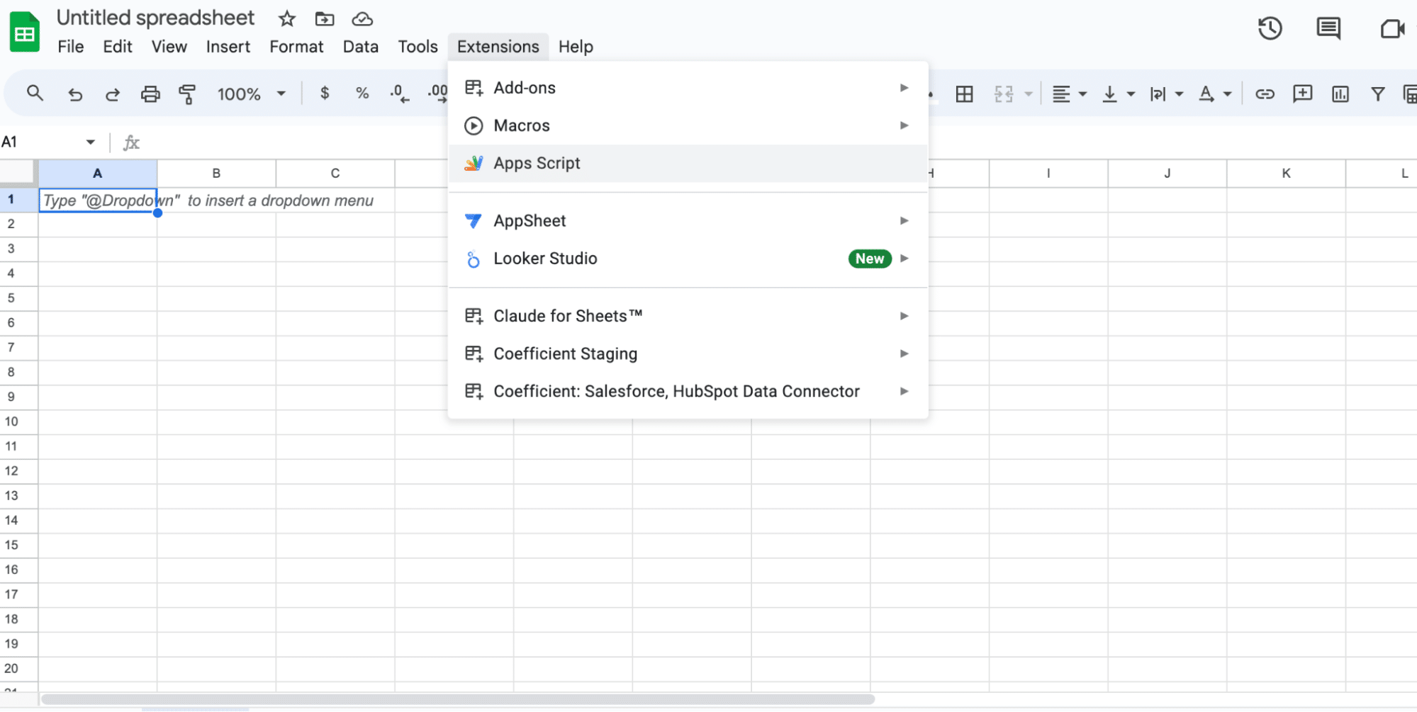 Clicking on "Extensions" then "Apps Scripts" to open the Google Apps Script editor from Google Sheets.