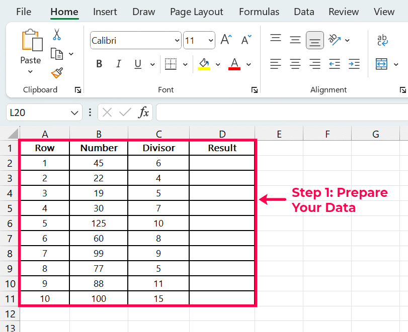 prepare data for mod formula in excel