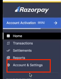 The Accounts and Settings menu in the Razorpay dashboard