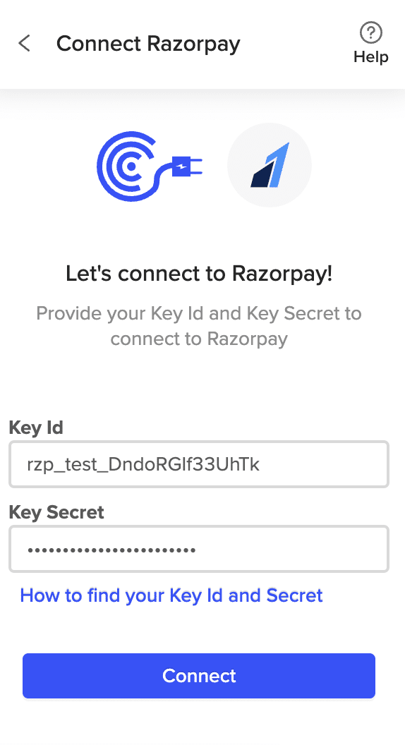 The Key ID and Secret fields in the Razorpay API Keys section