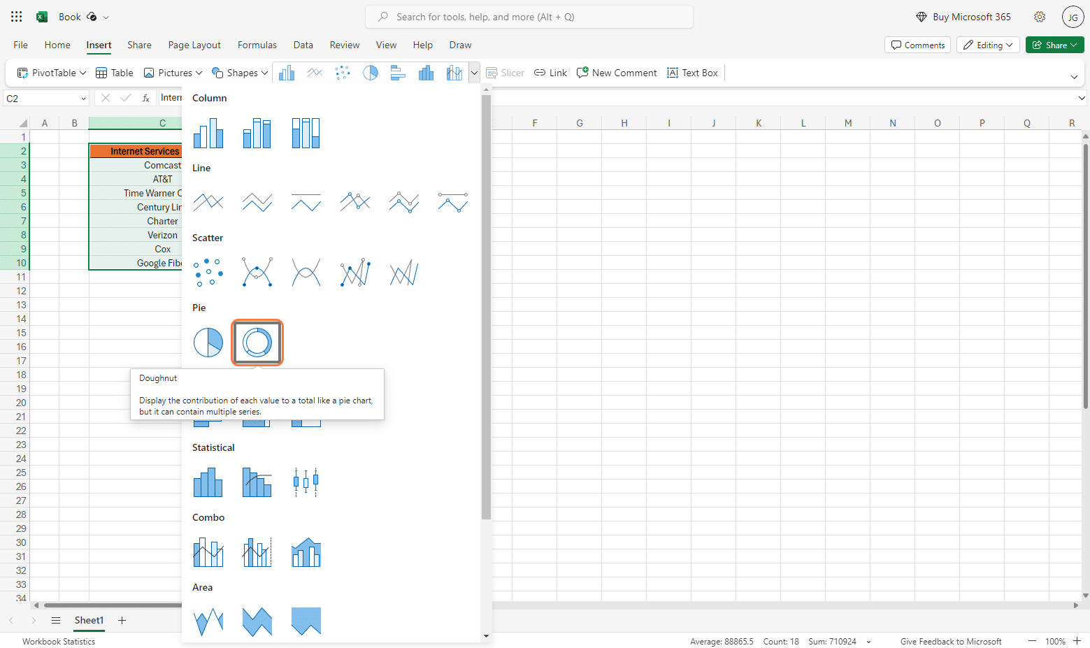 select doughnut chart in excel