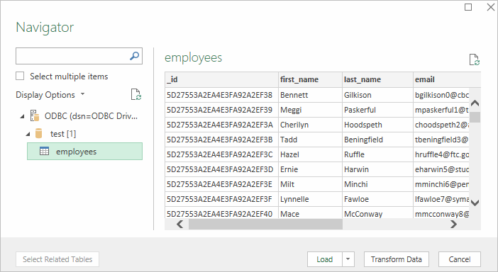 Selecting the table to retrieve data from within Excel's ODBC data import interface and clicking Load to import.