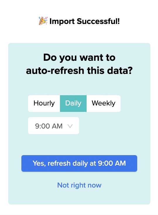 Setting up an auto-refresh schedule (hourly, daily, or weekly) or opting to set up later for the imported Microsoft Ads data in Google Sheets.