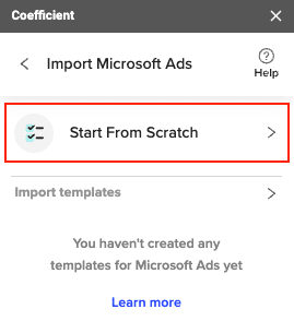 Starting a new import session in Coefficient for Excel by selecting 'Start from scratch'. 