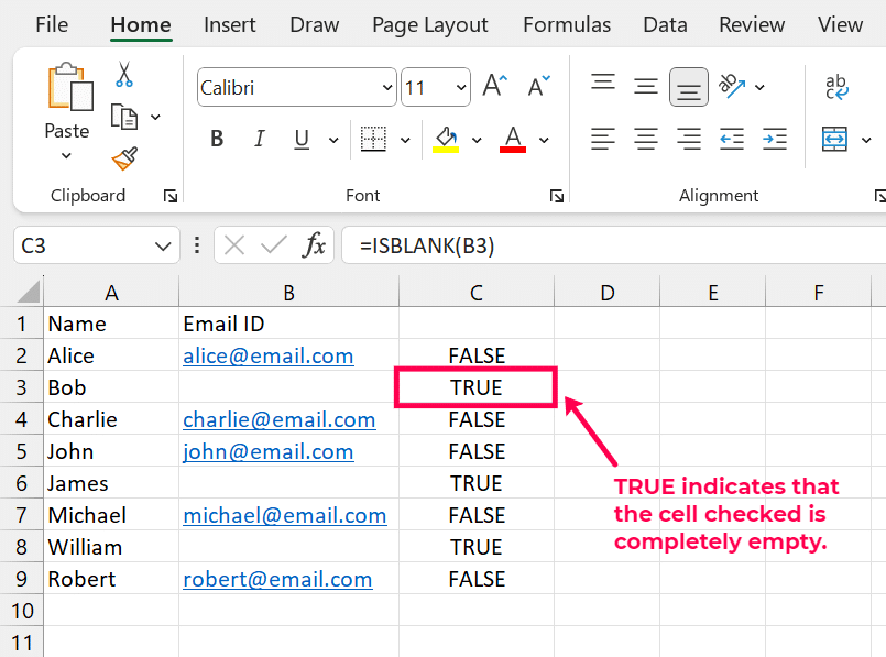 true indicates cell is empty in excel