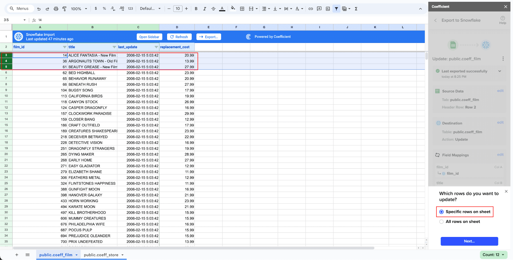 upload specific data to snowflake