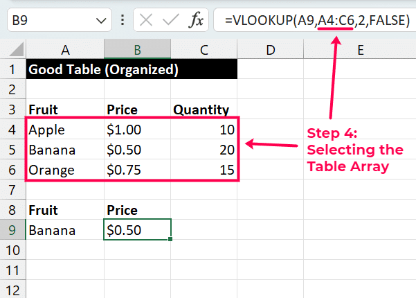 Example of entering a product name as a lookup value in VLOOKUP