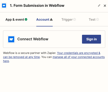 Authenticating the Webflow account in Zapier by providing login credentials and selecting the specific form to integrate with Salesforce.