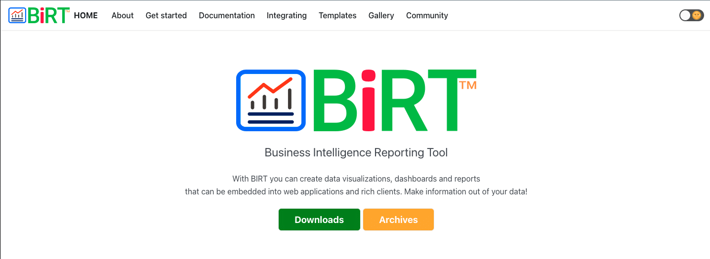 Screenshot of the BIRT homepage displaying their free business intelligence and reporting tools.