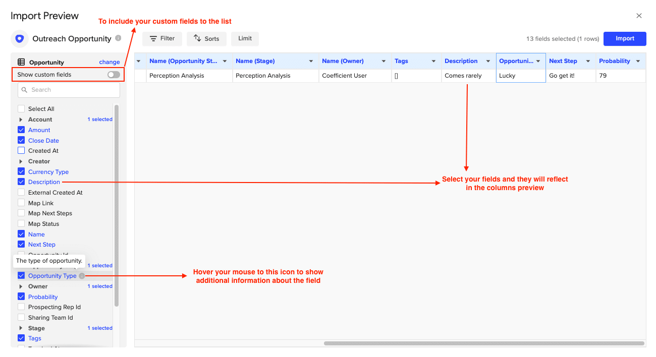 Checking the box(es) corresponding to the fields you would like to include in the import.