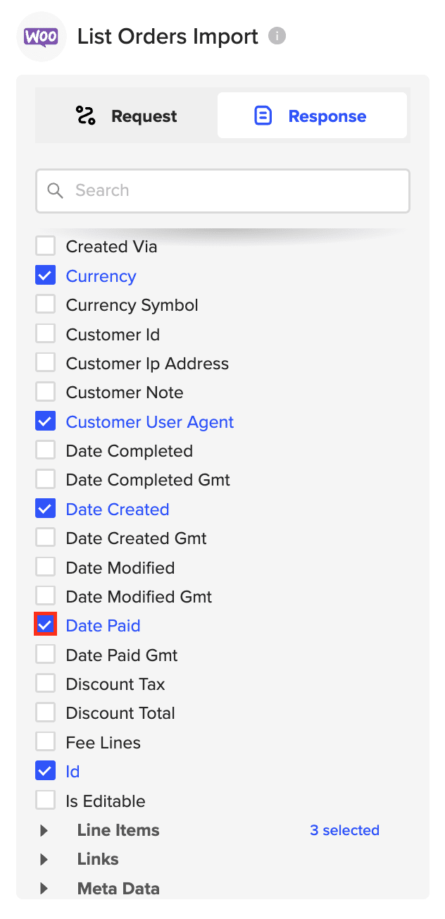 Choosing fields to include in the import and clicking “Import” to fetch the data into Google Sheets.