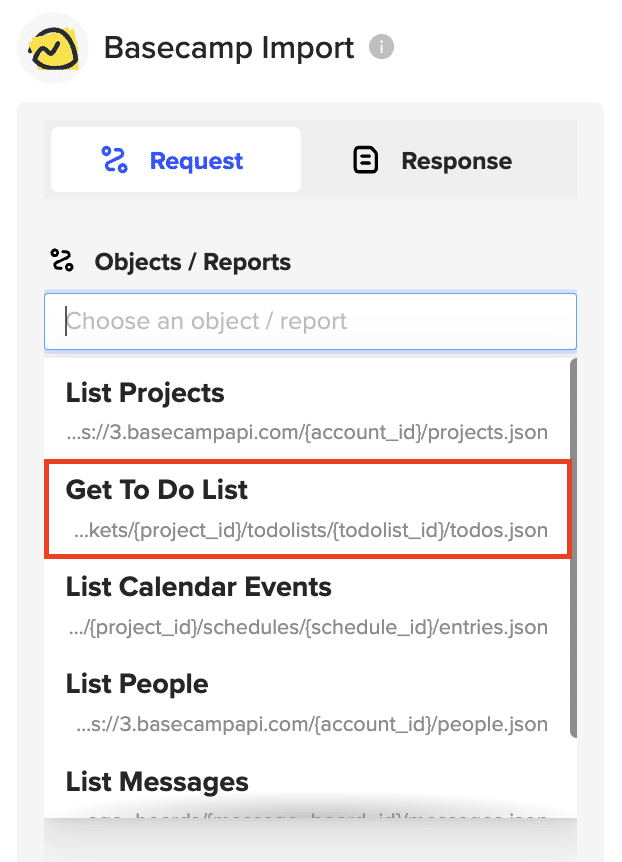 Choosing an object to import: Projects, To-dos, Calendar Events, Messages, or People in Basecamp.