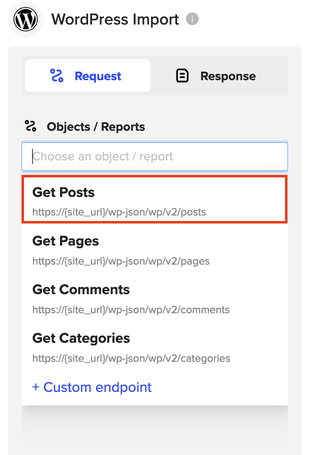 Choosing an object to import: Posts, Pages, Comments, or Categories in WordPress.