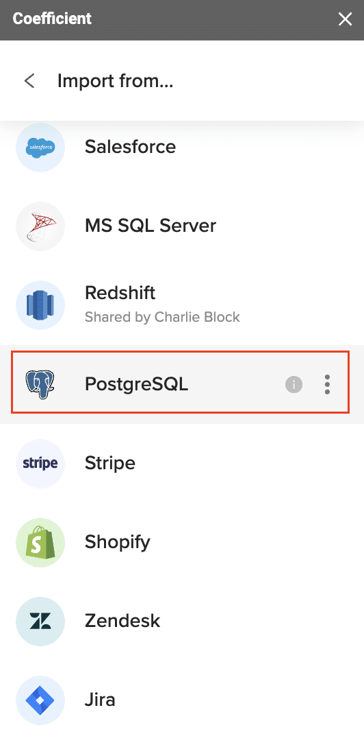 Choosing “PostgreSQL” from the list of data sources.