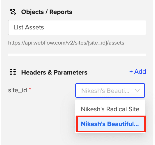 Choosing the desired site ID from the dropdown menu in Coefficient.