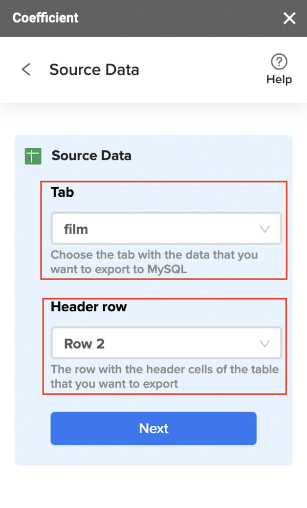 Choosing the tab in the workbook that contains the data to export and specifying the header row with database field headers.
