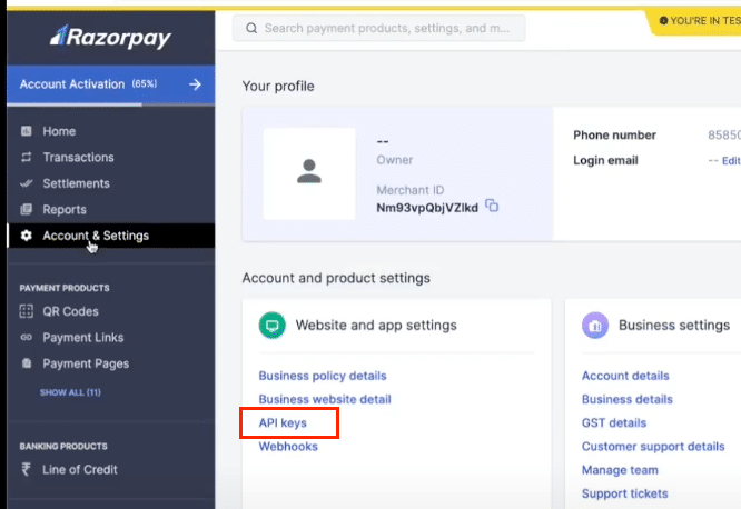 Clicking “API Keys” in the Website and app settings box of Razorpay.