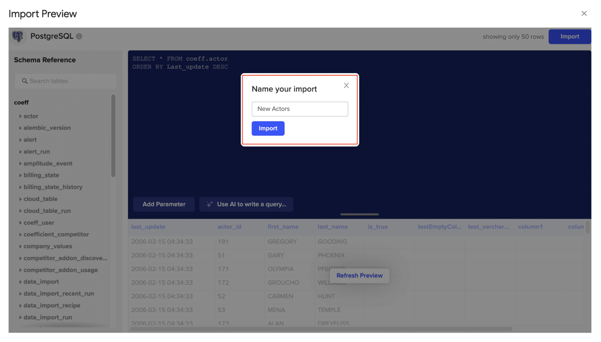 Clicking “Import” to import the data into your spreadsheet.