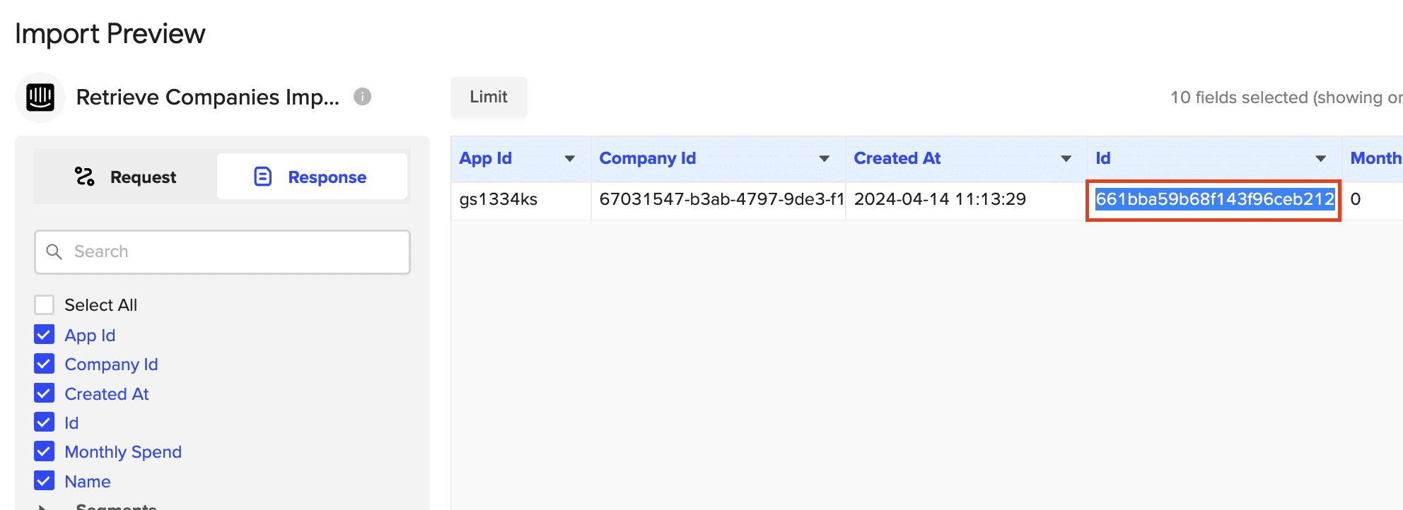 Copying the company ID from the Coefficient Import Preview menu.