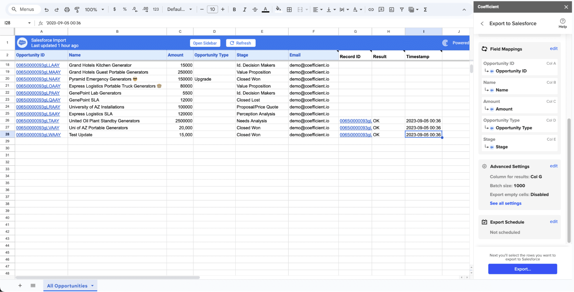 Data from your spreadsheet pushing to Salesforce in a few seconds.