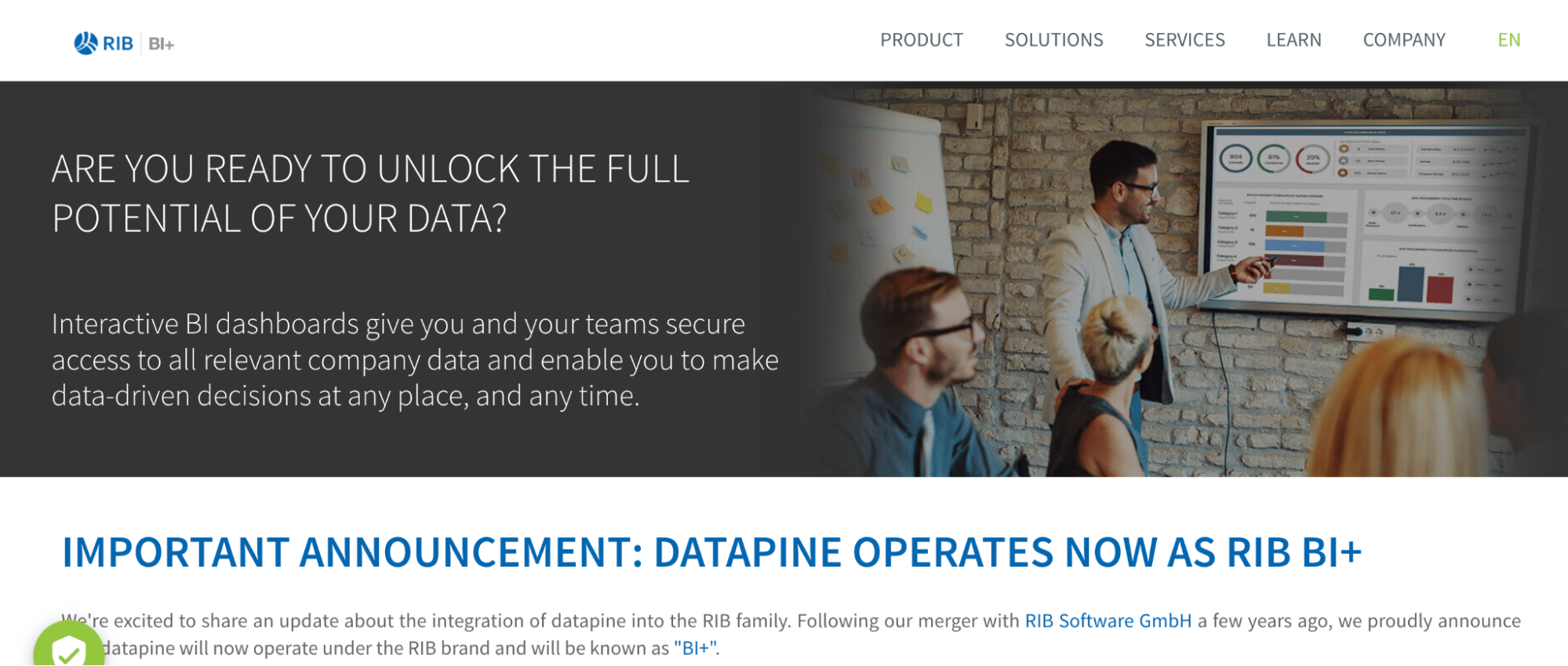 Screenshot of the Datapine homepage highlighting their data analytics and business intelligence solutions.