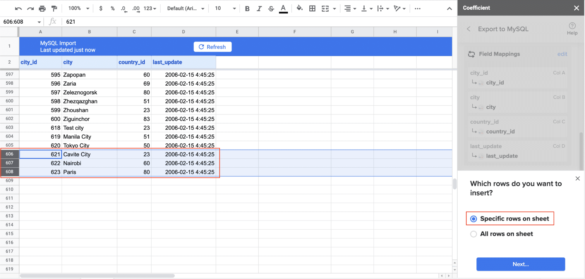 Highlighting specific rows in the sheet to export, or choosing to export all rows.