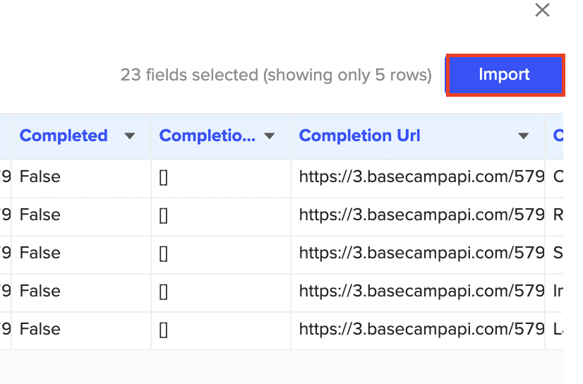 Clicking “Import” to pull the selected Basecamp data into a new Excel sheet.