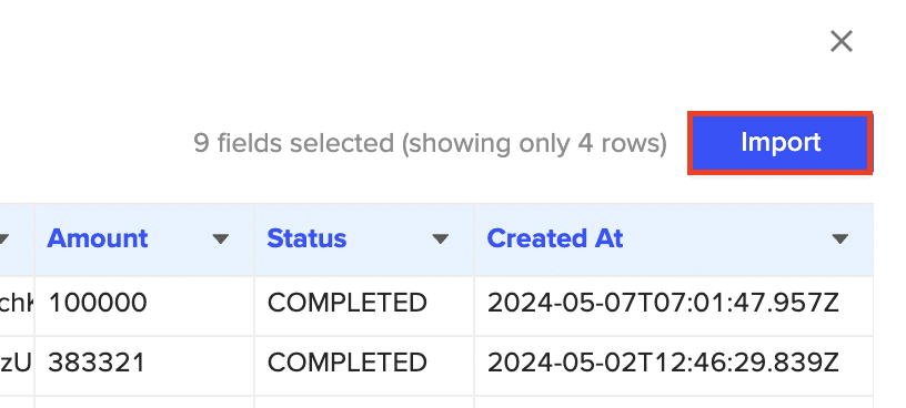 Clicking the “Import” button to bring payment data into the Google Sheets spreadsheet.