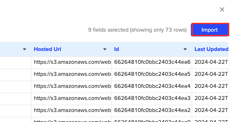 Clicking “Import” to fetch the Webflow data into the Excel spreadsheet after selecting fields. &nbsp. 