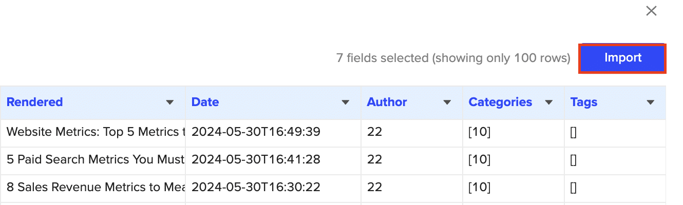 Clicking “Import” to pull the selected WordPress data into a new Excel sheet.