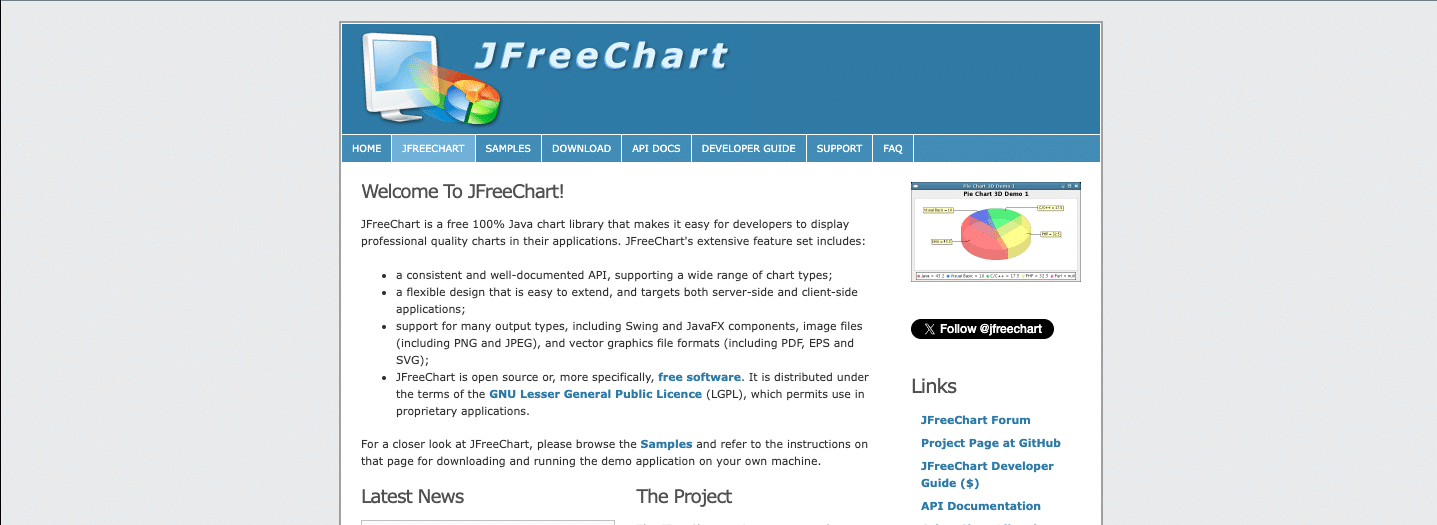 Screenshot of the JFreechart homepage illustrating their free charting and reporting tools.