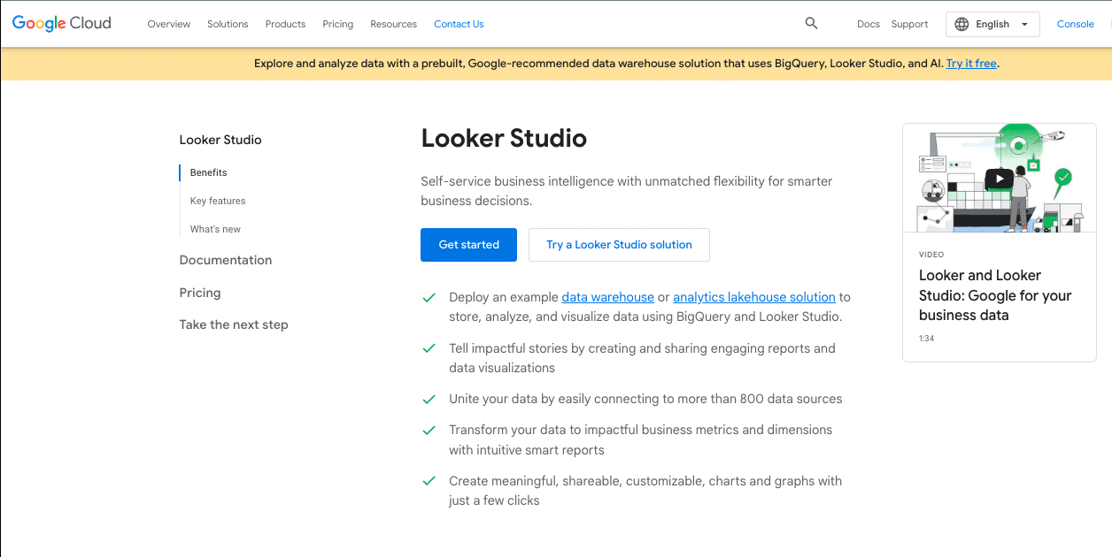 Screenshot of the Looker Studio homepage highlighting their free reporting capabilities.