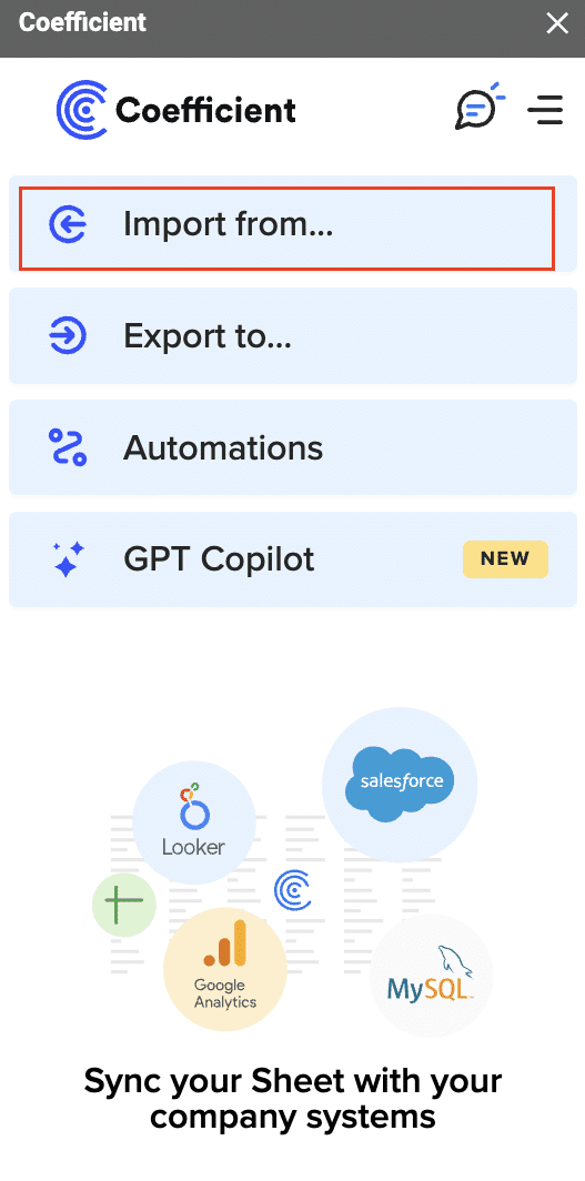 Opening Coefficient’s sidebar and selecting “Import from.”