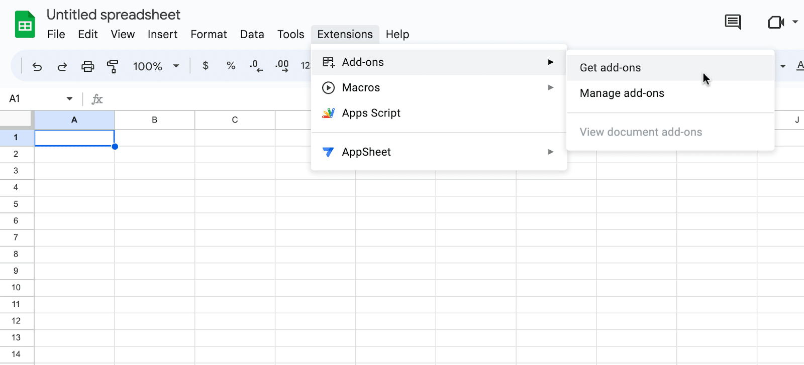 Opening a new or existing Google Sheet and navigating to the Extensions tab.