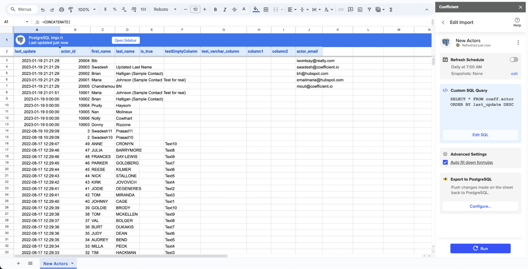  PostgreSQL Custom SQL export automatically populating your spreadsheet in a few seconds.