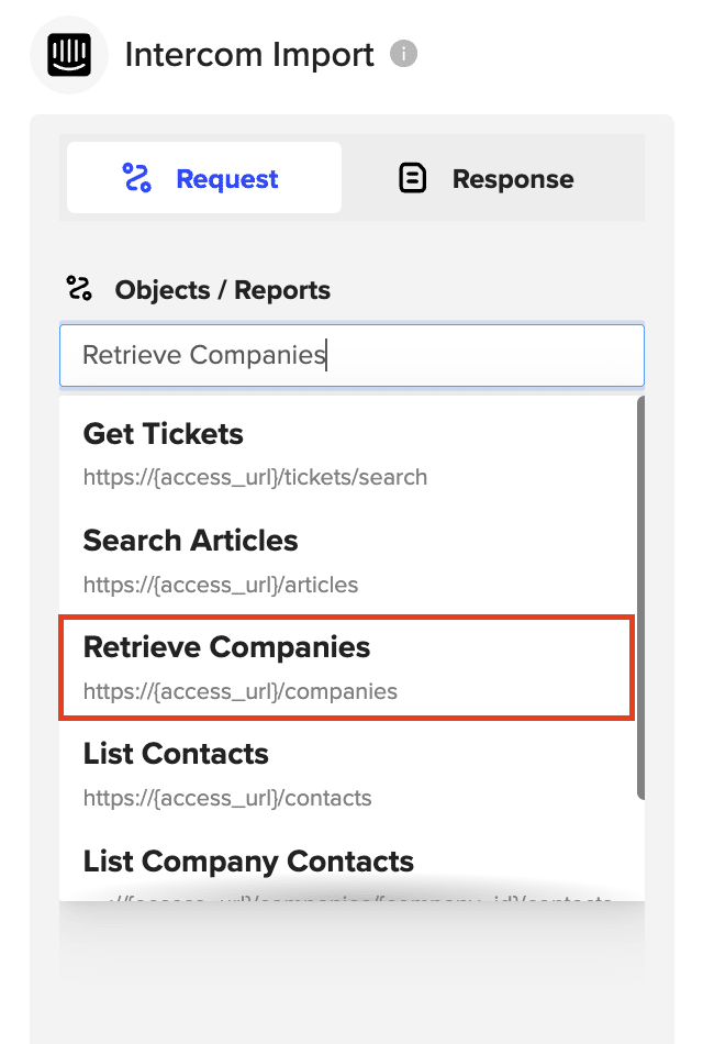 Choosing “Retrieve Companies” from a dropdown menu.