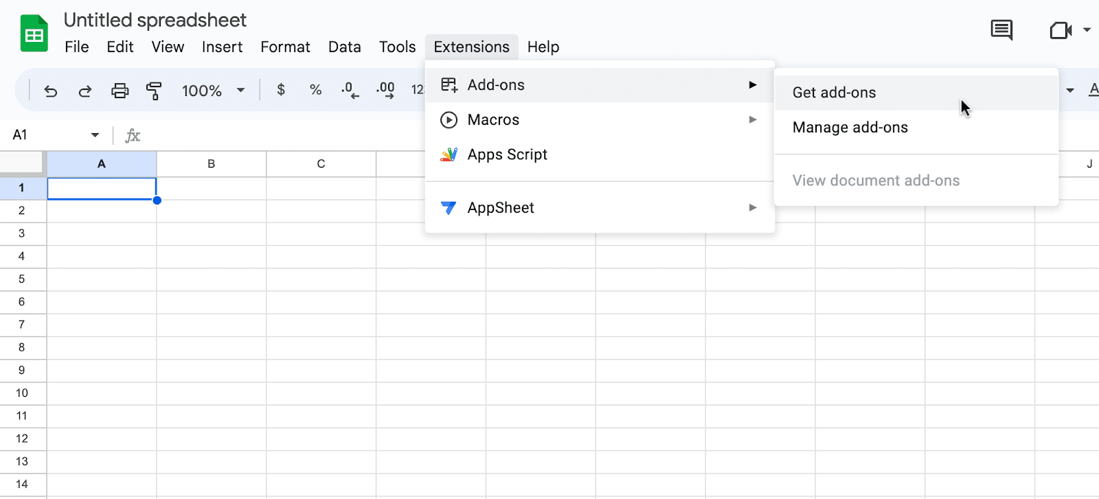 Selecting Add-ons > Get add-ons in the Extensions tab of Google Sheets.