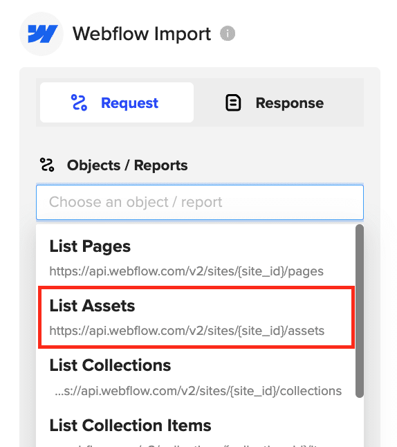 Selecting the “Assets” import for Webflow data.