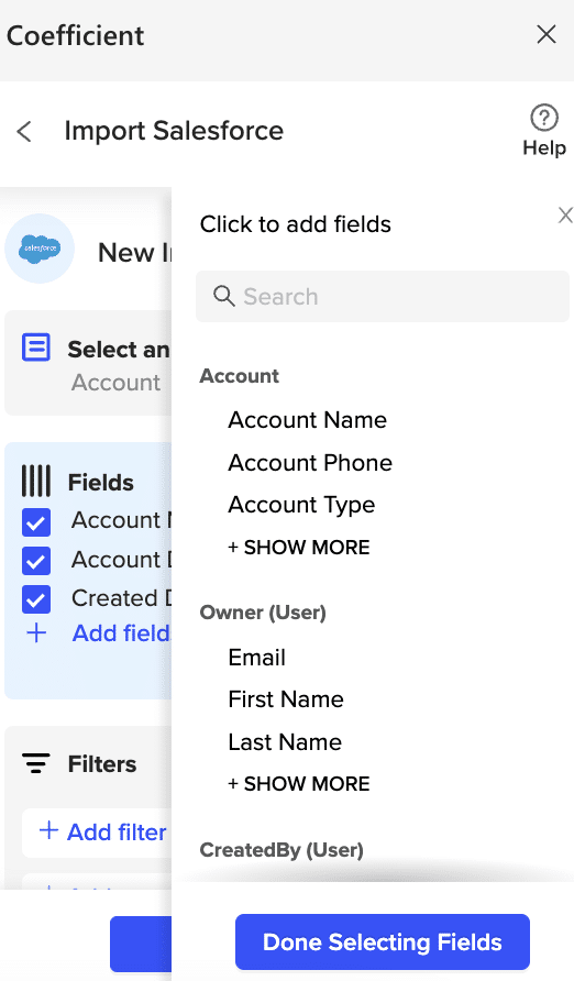 Selecting fields to import by scrolling through the menu or searching for each field.