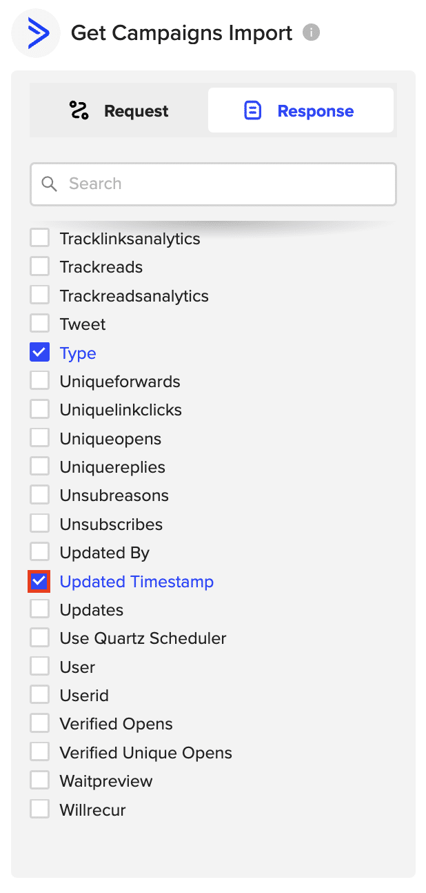 Selecting fields like Campaign ID, Name, Status, and Created At to import.