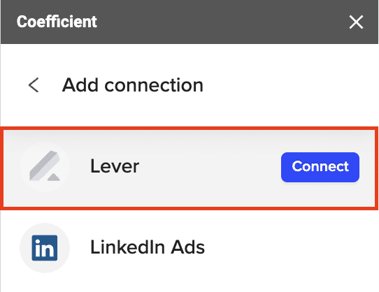 Selecting “Lever” from the list of available data sources in Coefficient.