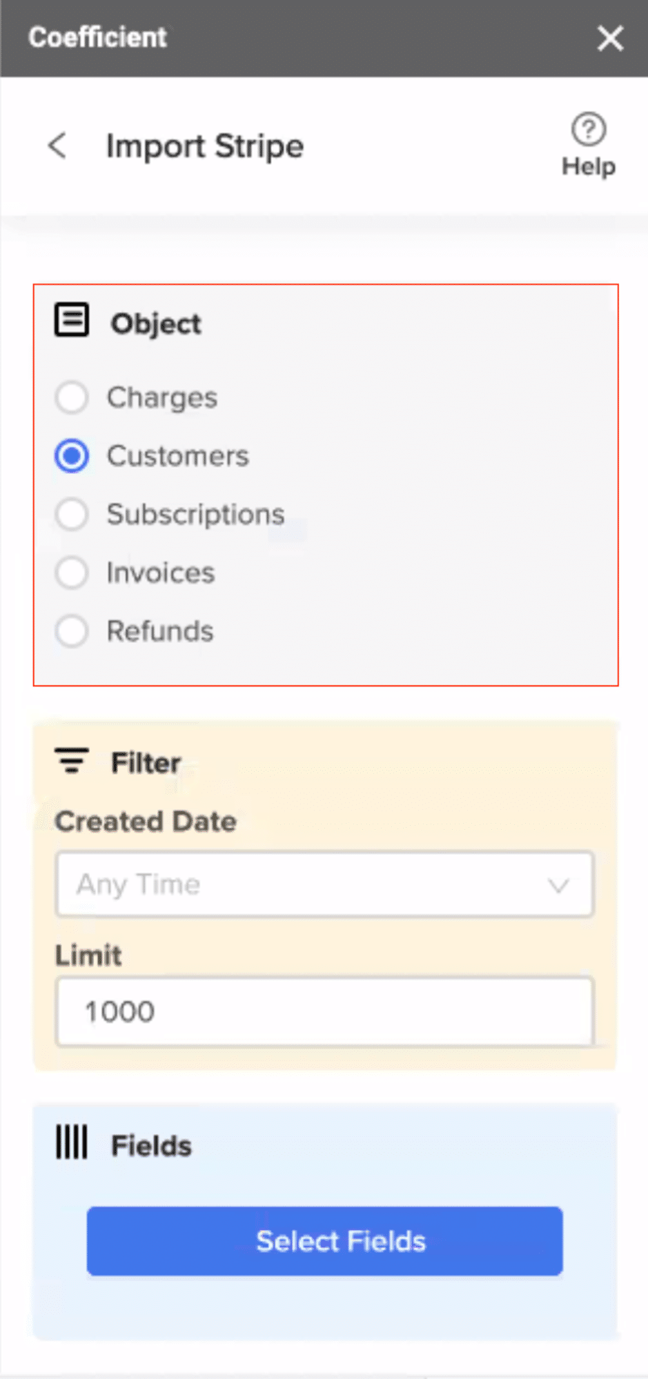 Selecting the Object to import (e.g., ‘Customers’) in the Coefficient sidebar.