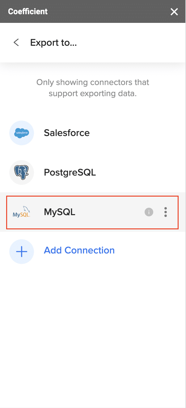 Selecting PostgreSQL from the export menu in Coefficient.