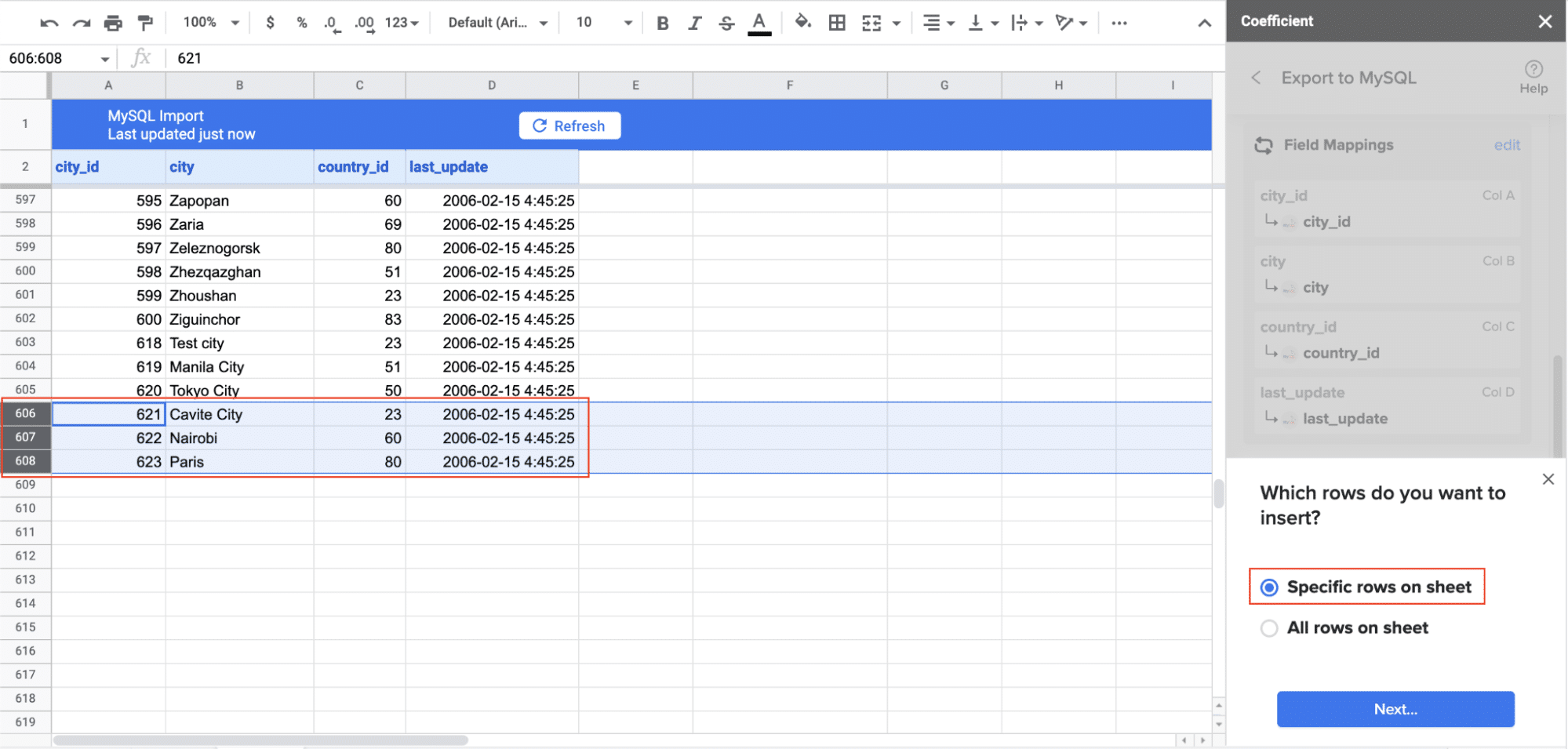 Selecting rows to delete in your sheet, or opting to delete all rows within the selected data.