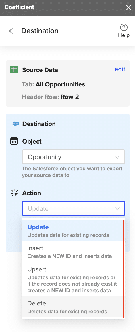  Selecting the Salesforce Object you want to export data to, e.g., “Opportunity”, “Contacts”, etc.