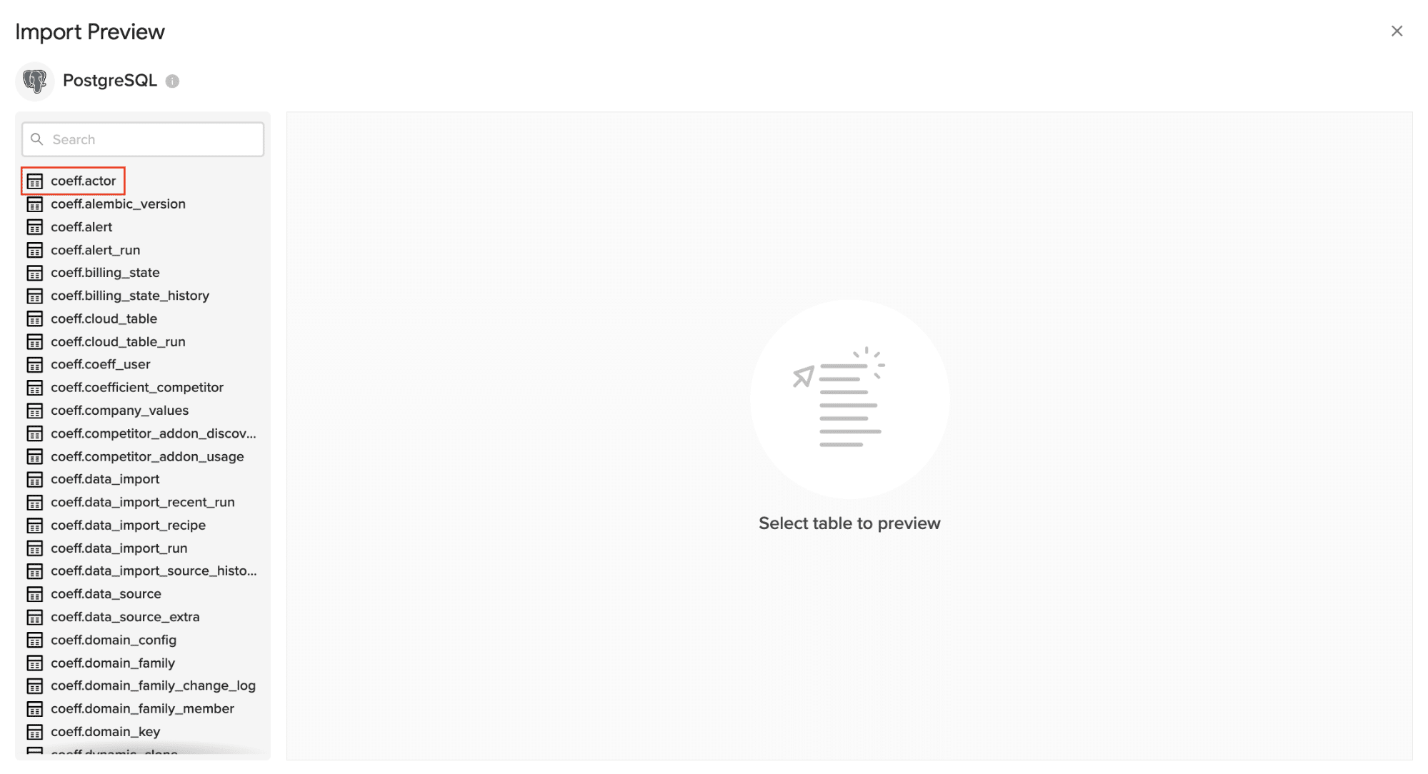 Import Preview window showing table schemas from PostgreSQL database and selecting a table (e.g., “coeff.actor”).