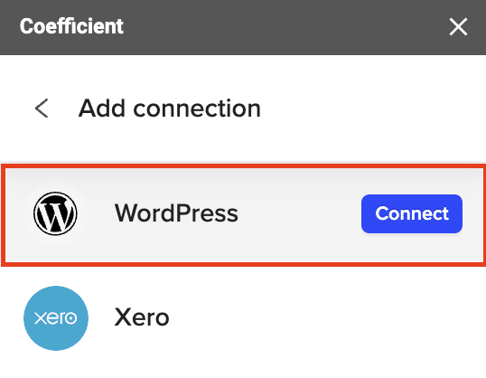 Selecting WordPress from the list of data sources in the Coefficient sidebar.