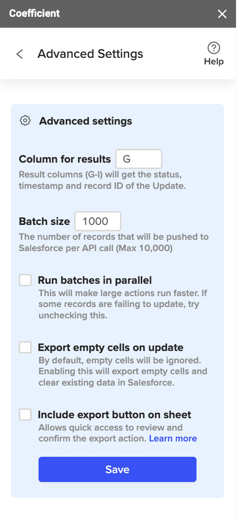 Specifying additional settings such as batch size and whether to export empty cells on an update.